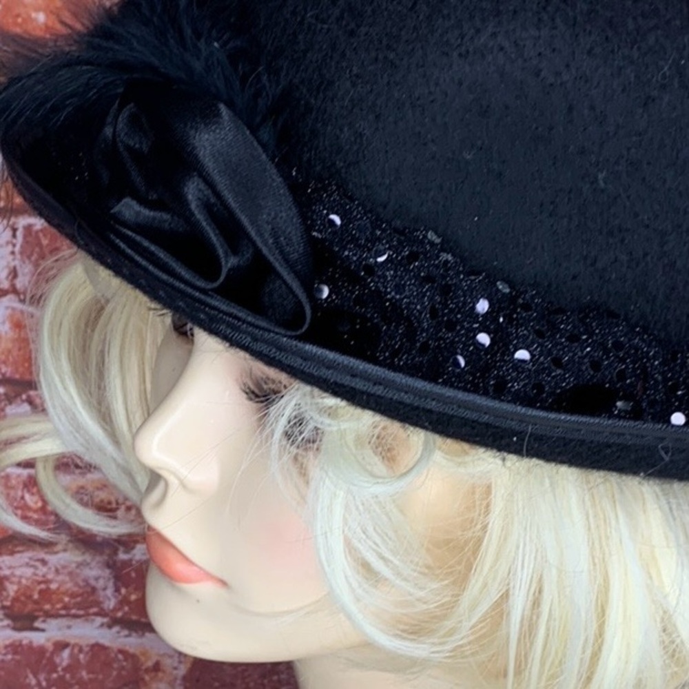 Black Felt Feather and Rhinestone Glam Costume Bowler Hat - Picture 2 of 10
